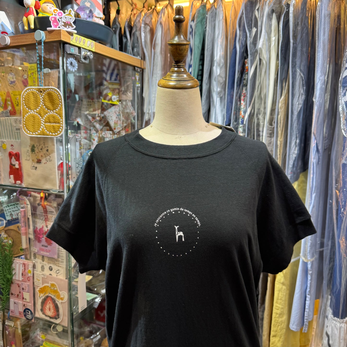 Ouvert Deer Print Black T-shirt, made in Japan