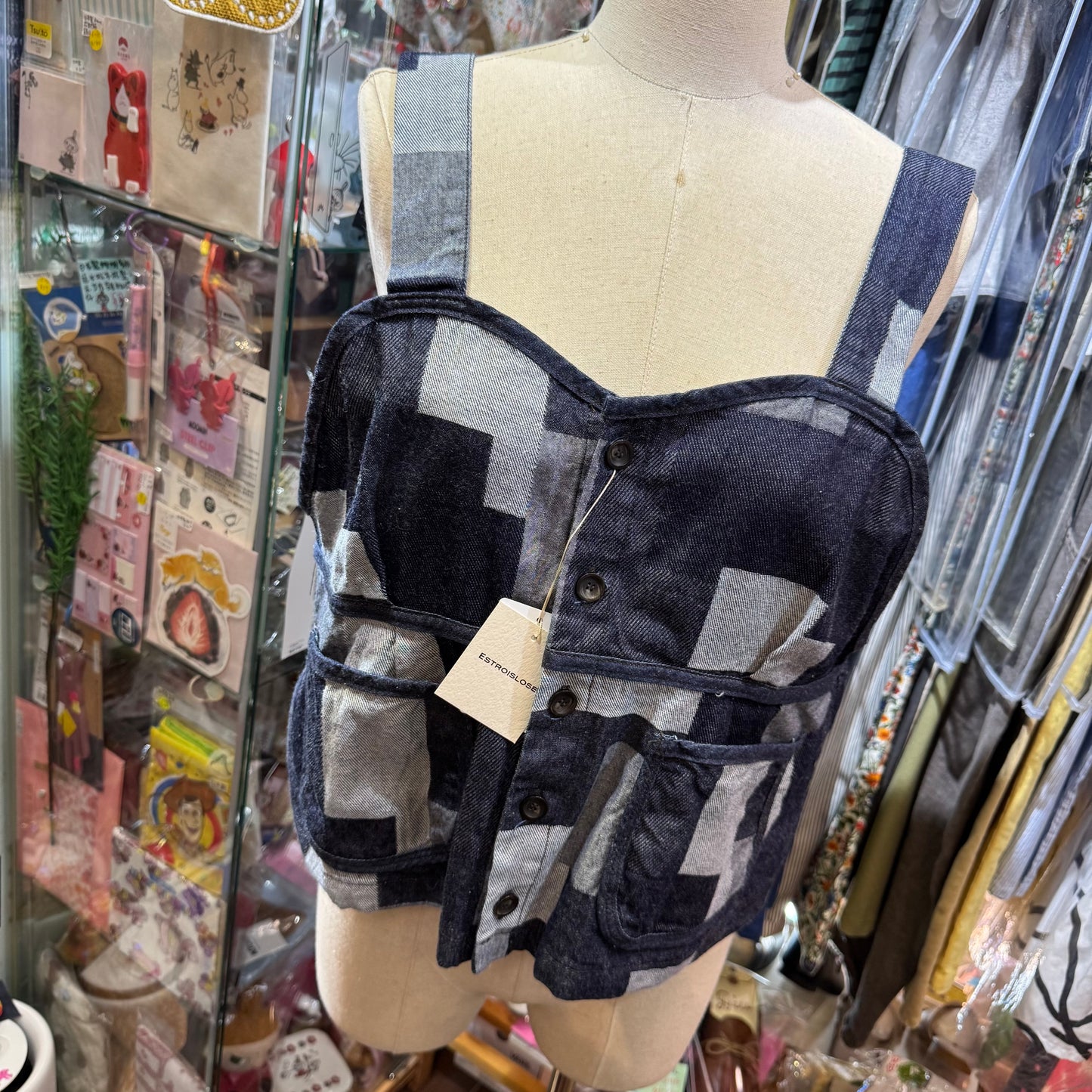 Estroislose Patchwork Denim Vest, Tank Top, made in Japan