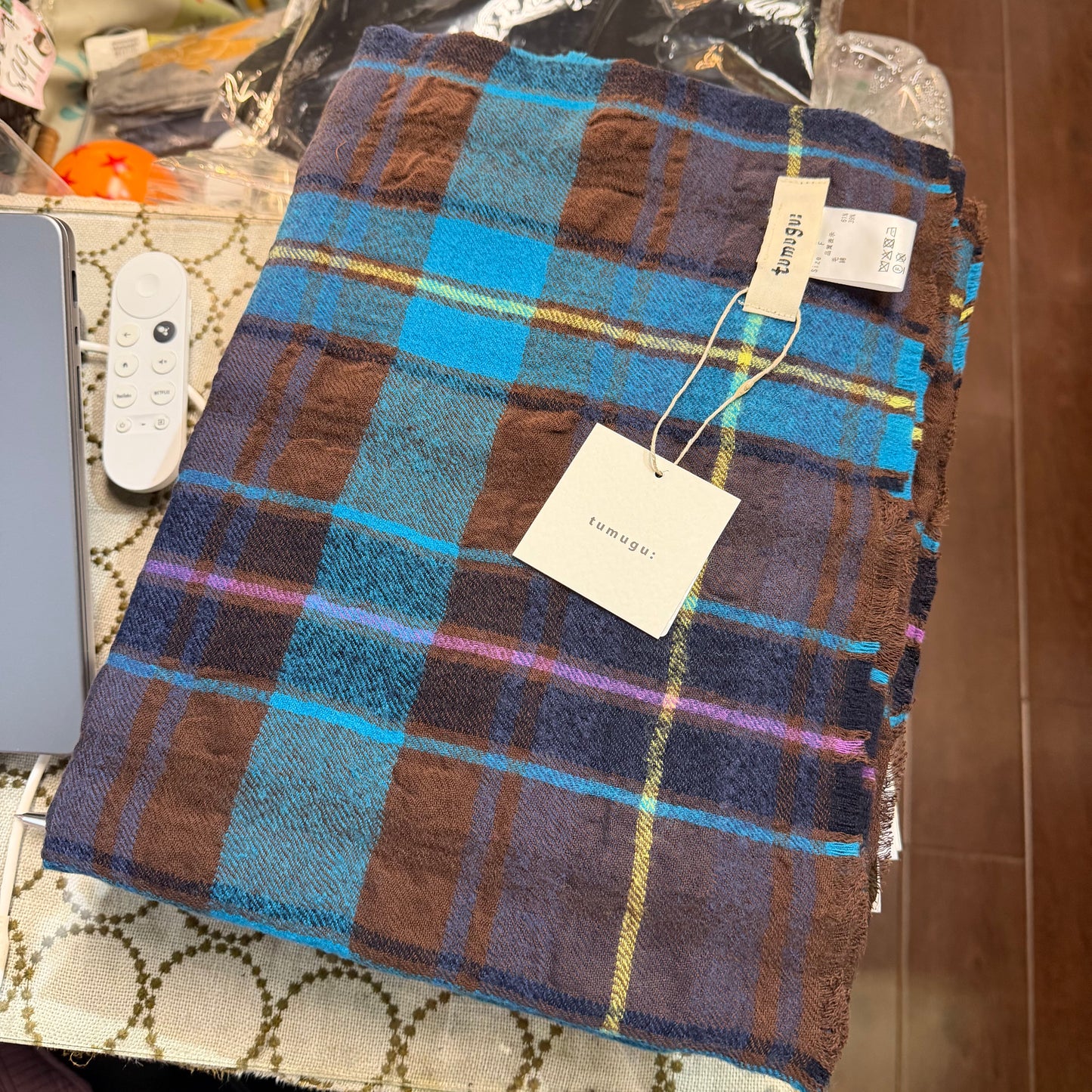 Tumugu Blue Checked Wool Scarf, made in Japan