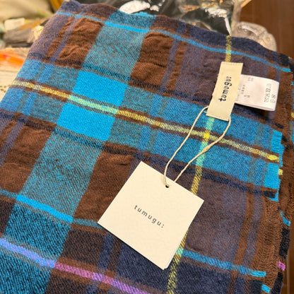 Tumugu Blue Checked Wool Scarf, made in Japan