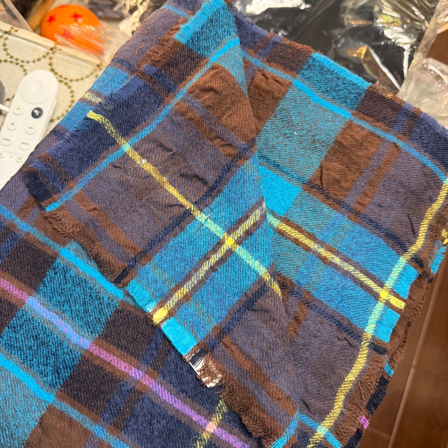 Tumugu Blue Checked Wool Scarf, made in Japan