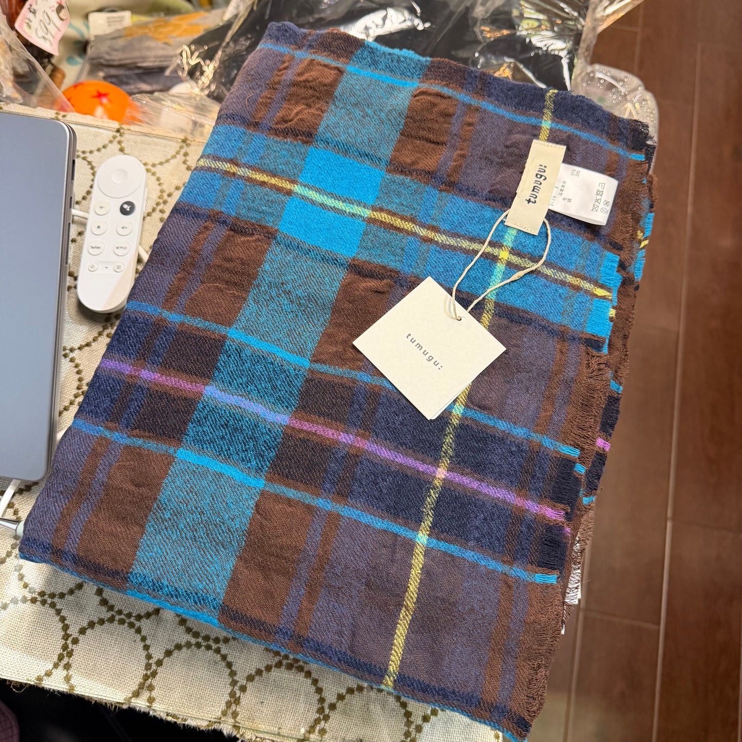 Tumugu Blue Checked Wool Scarf, made in Japan