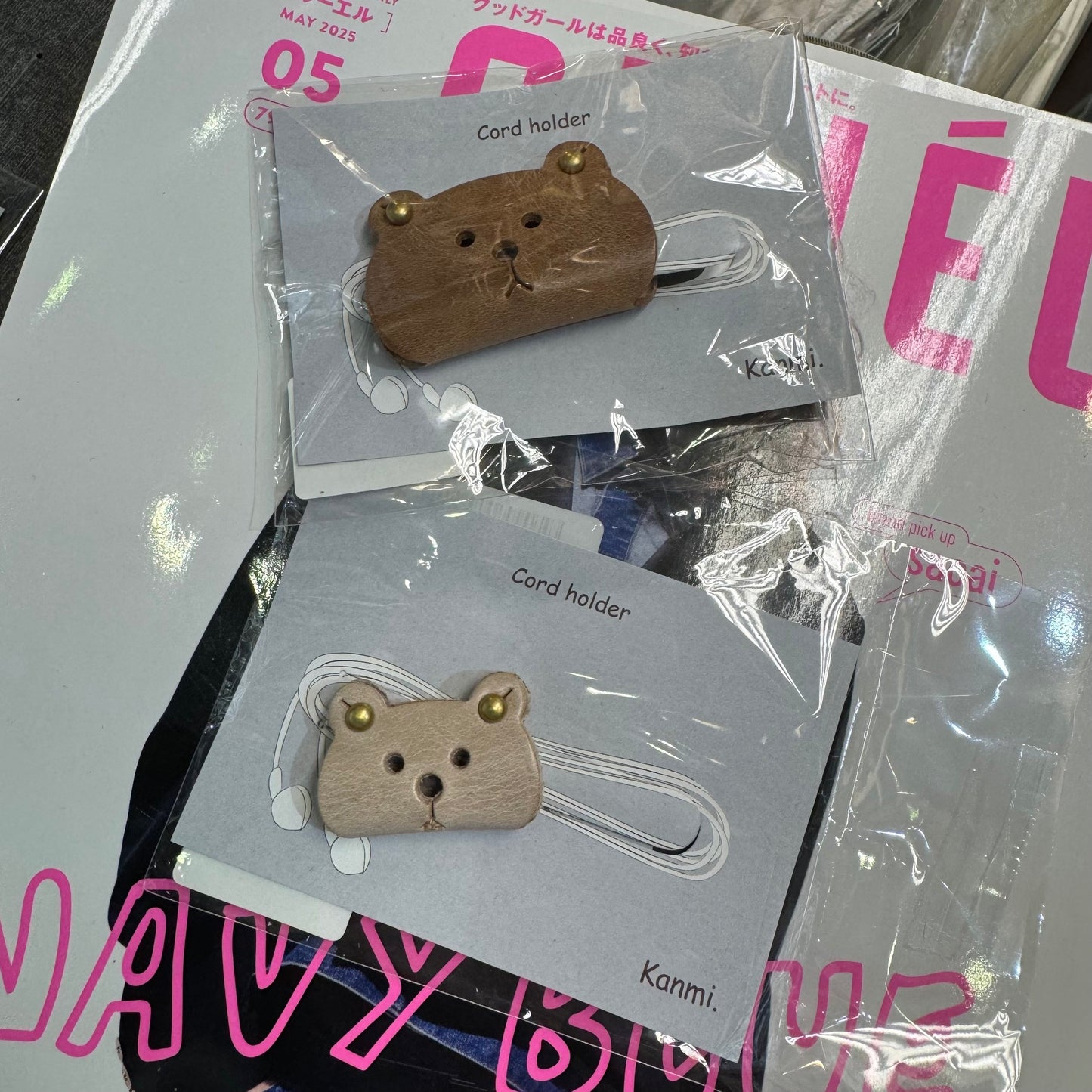 Kanmi Animals Leather Cord Holder, Bear, Cat and. Frog, 2 Sizes, made in Japan