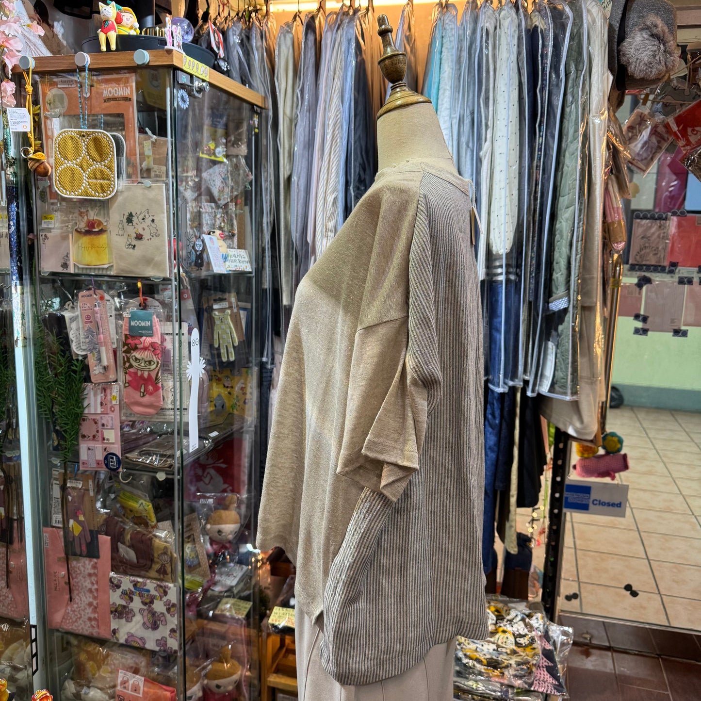 Days Beige Linen Striped T-shirt, made in Japan