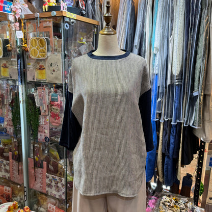 EXTRA30- Days Navy Linen Striped T-shirt, made in Japan