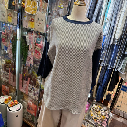 EXTRA30- Days Navy Linen Striped T-shirt, made in Japan
