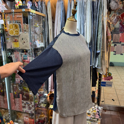 EXTRA30- Days Navy Linen Striped T-shirt, made in Japan