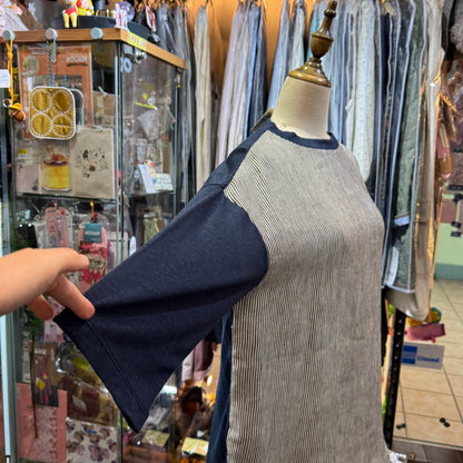 EXTRA30- Days Navy Linen Striped T-shirt, made in Japan