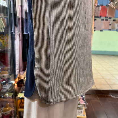EXTRA30- Days Navy Linen Striped T-shirt, made in Japan