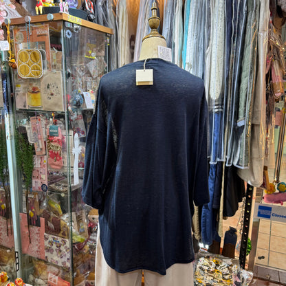 EXTRA30- Days Navy Linen Striped T-shirt, made in Japan