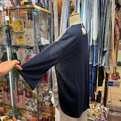 EXTRA30- Days Navy Linen Striped T-shirt, made in Japan