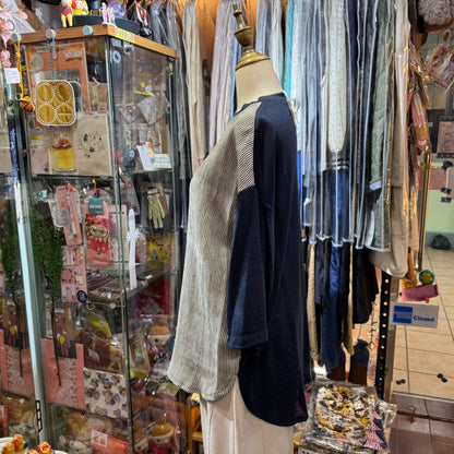 EXTRA30- Days Navy Linen Striped T-shirt, made in Japan