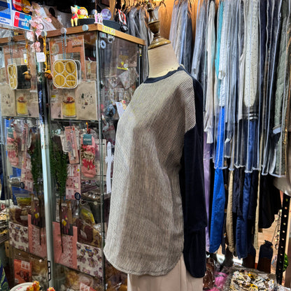 EXTRA30- Days Navy Linen Striped T-shirt, made in Japan
