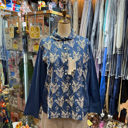 Castle Combre ...  Lily of the Valley Embroidery Blue Shirt, made in Japan