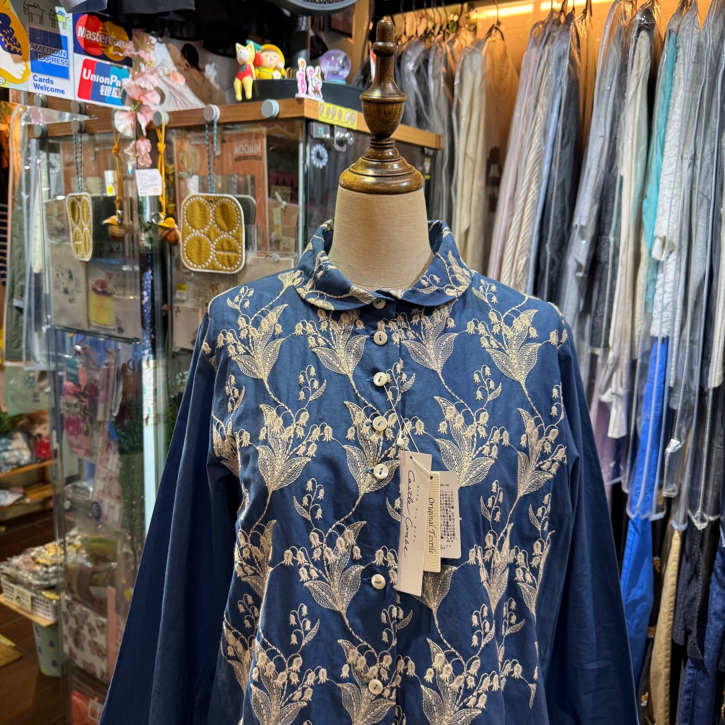 Castle Combre ...  Lily of the Valley Embroidery Blue Shirt, made in Japan