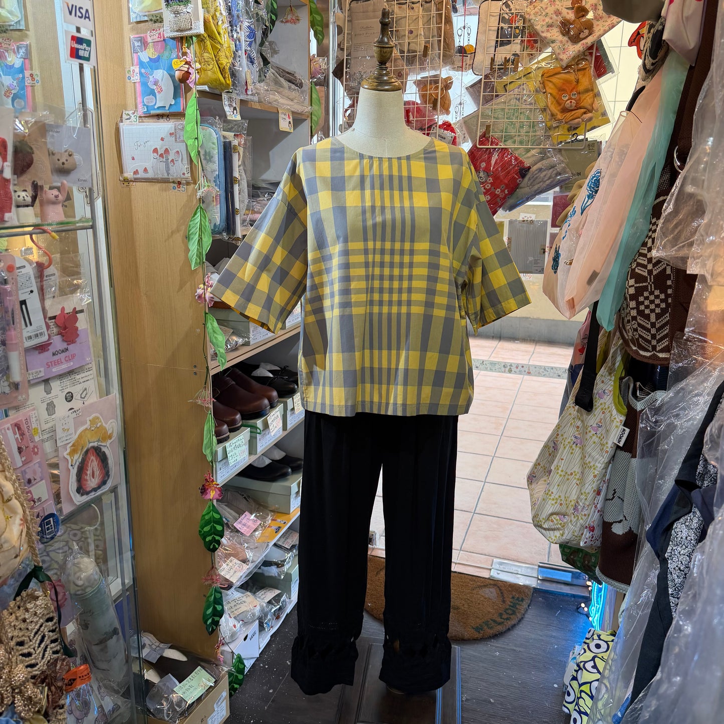 Vent d Ouest Yellow Checked 2 Way Blouse, made in Japan