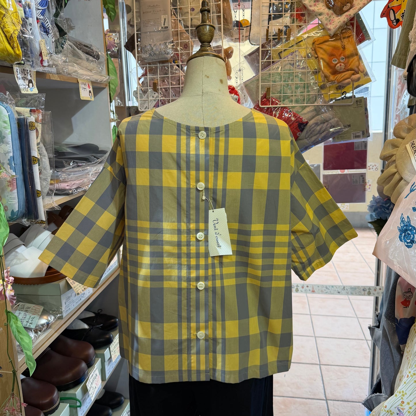 Vent d Ouest Yellow Checked 2 Way Blouse, made in Japan