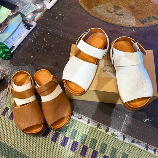 Tumugu X Hcubuch  Leather Sandals, 2 Colors, 2 Styles; fraktur & welle, made in Japan