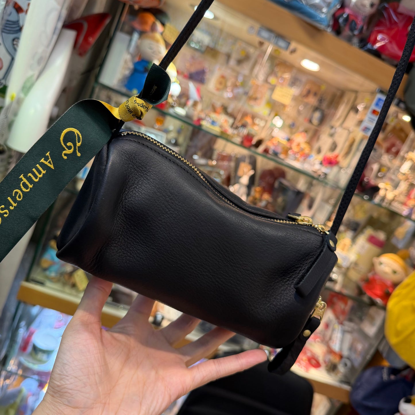 Ampersand Black Leather Cylinder Shoulder Bag, made in Japan