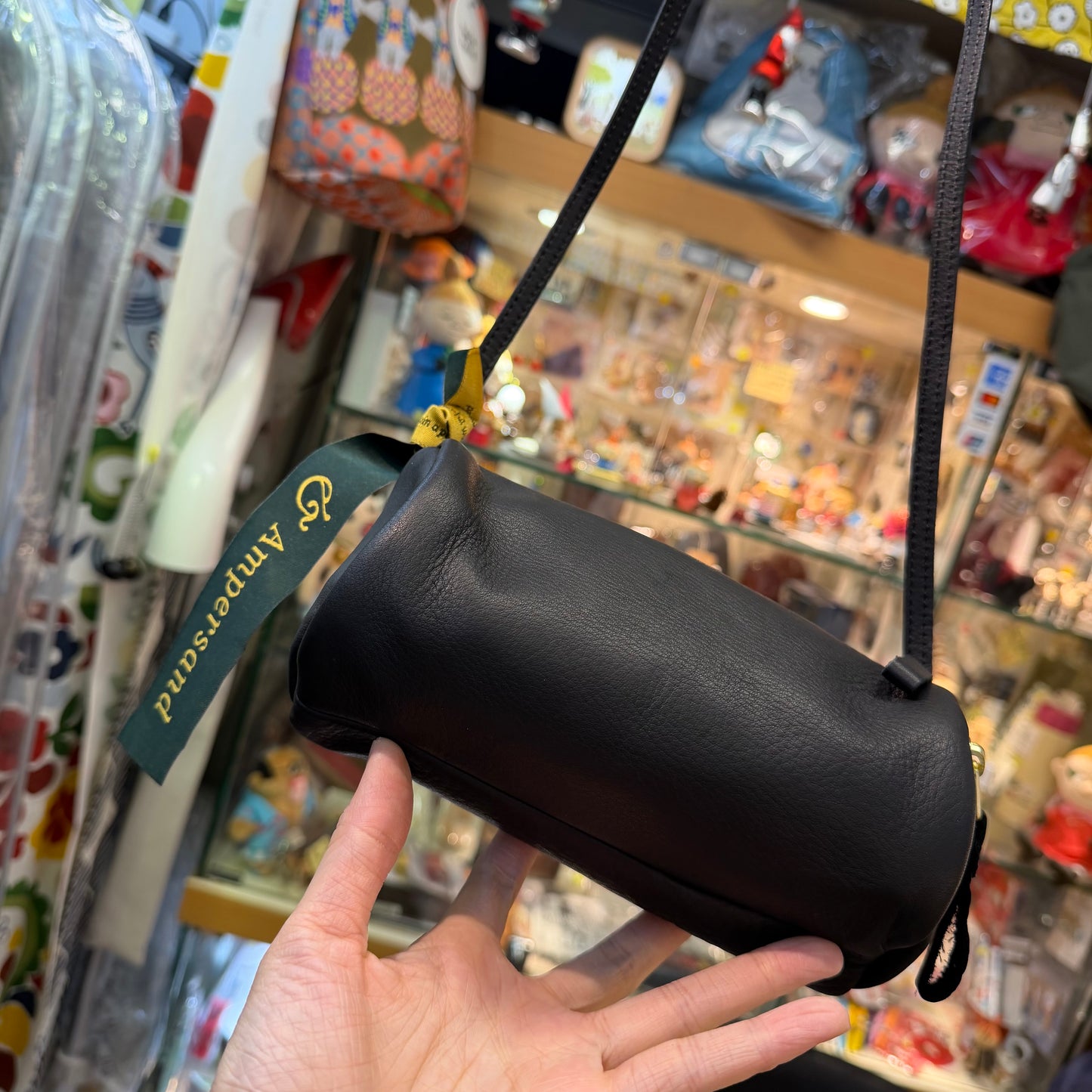 Ampersand Black Leather Cylinder Shoulder Bag, made in Japan