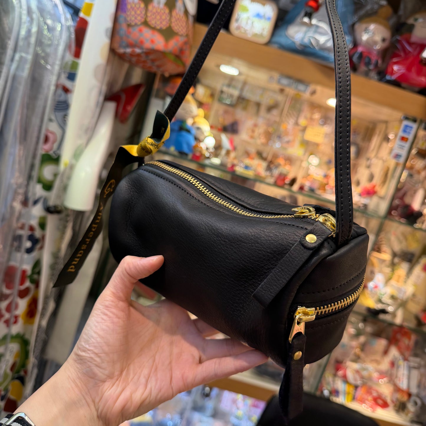 Ampersand Black Leather Cylinder Shoulder Bag, made in Japan