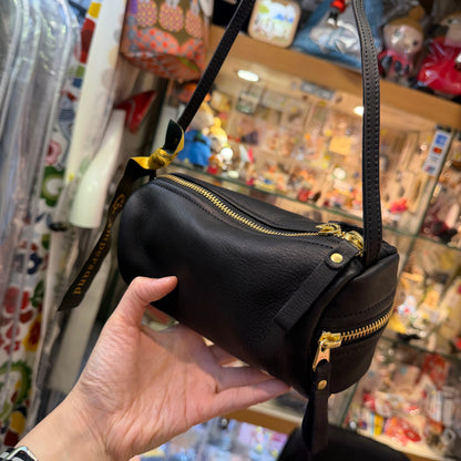 Ampersand Black Leather Cylinder Shoulder Bag, made in Japan