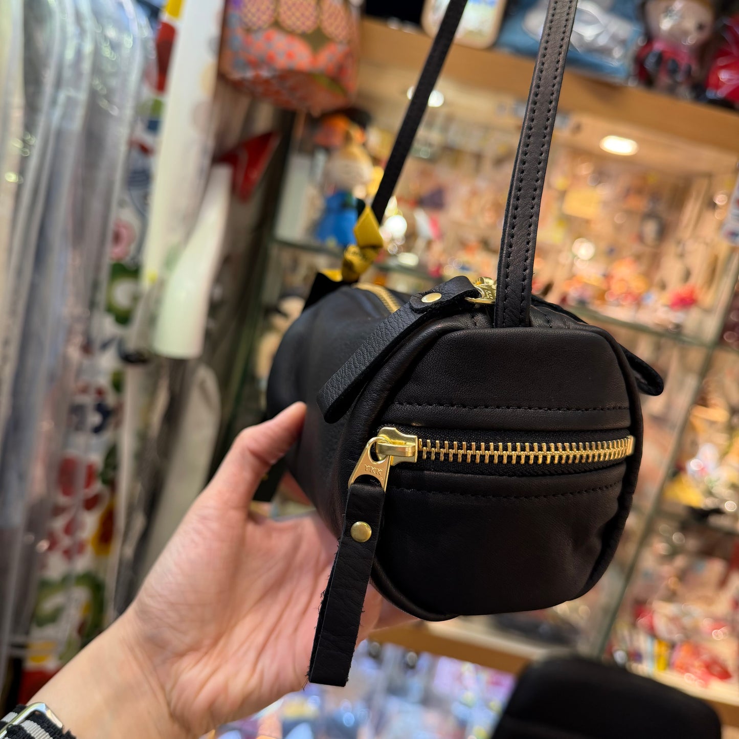 Ampersand Black Leather Cylinder Shoulder Bag, made in Japan