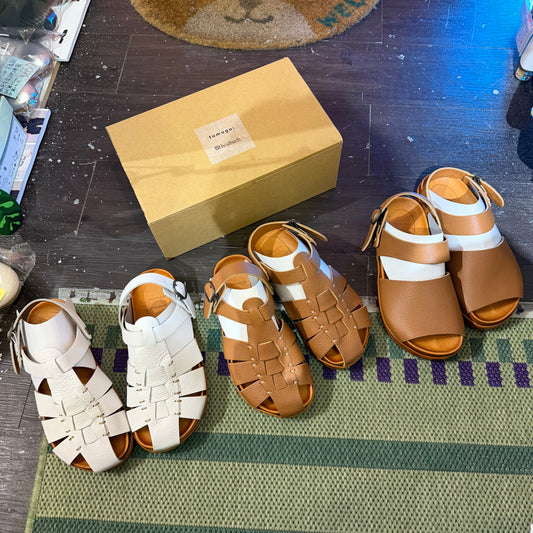 Tumugu X Hcubuch  Leather Sandals, 2 Colors, 2 Styles; fraktur & welle, made in Japan