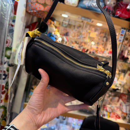 Ampersand Black Leather Cylinder Shoulder Bag, made in Japan