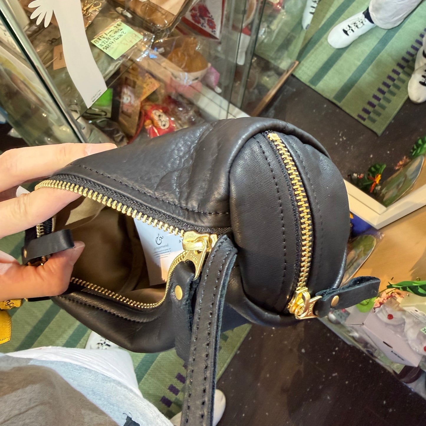 Ampersand Black Leather Cylinder Shoulder Bag, made in Japan