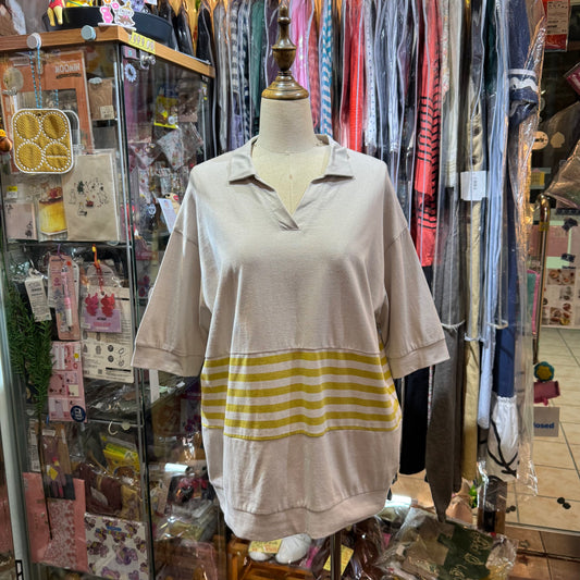 Laiterie Grey X Yellow Striped V-neck T-shirt, made in Japan