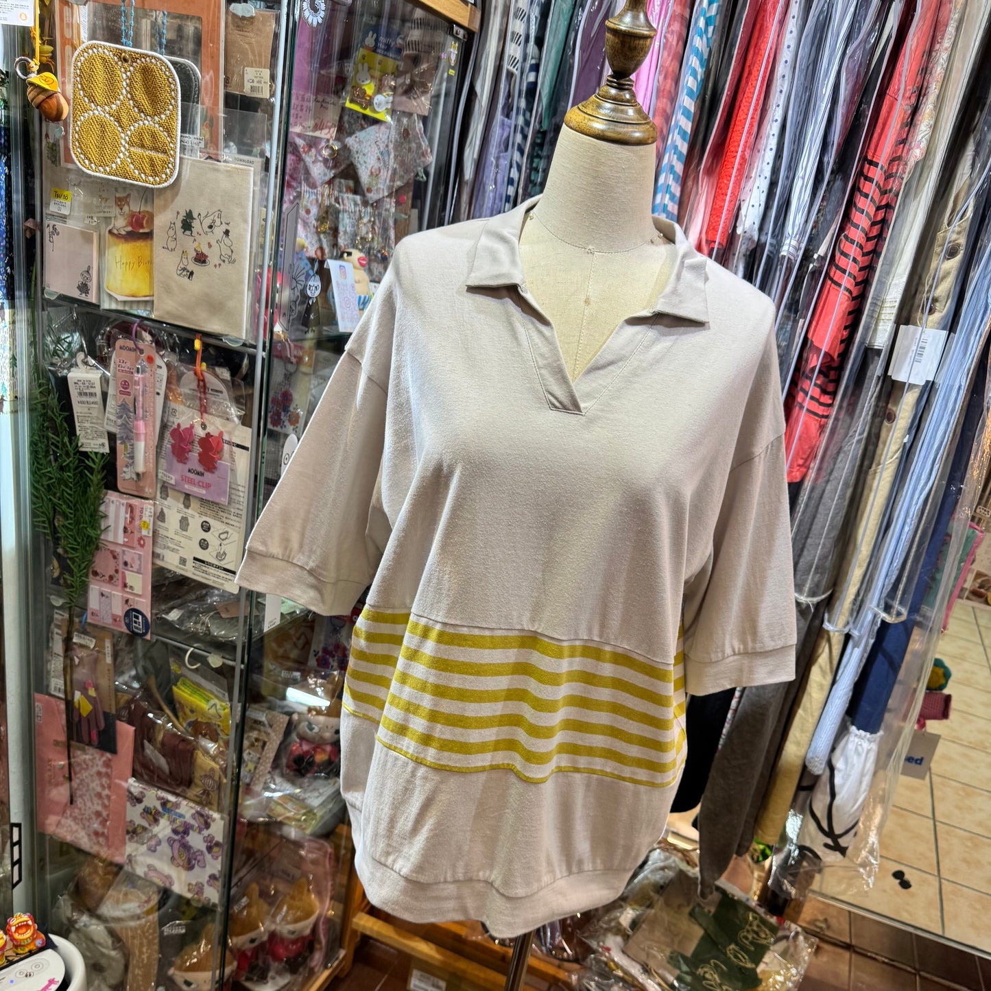 Laiterie Grey X Yellow Striped V-neck T-shirt, made in Japan