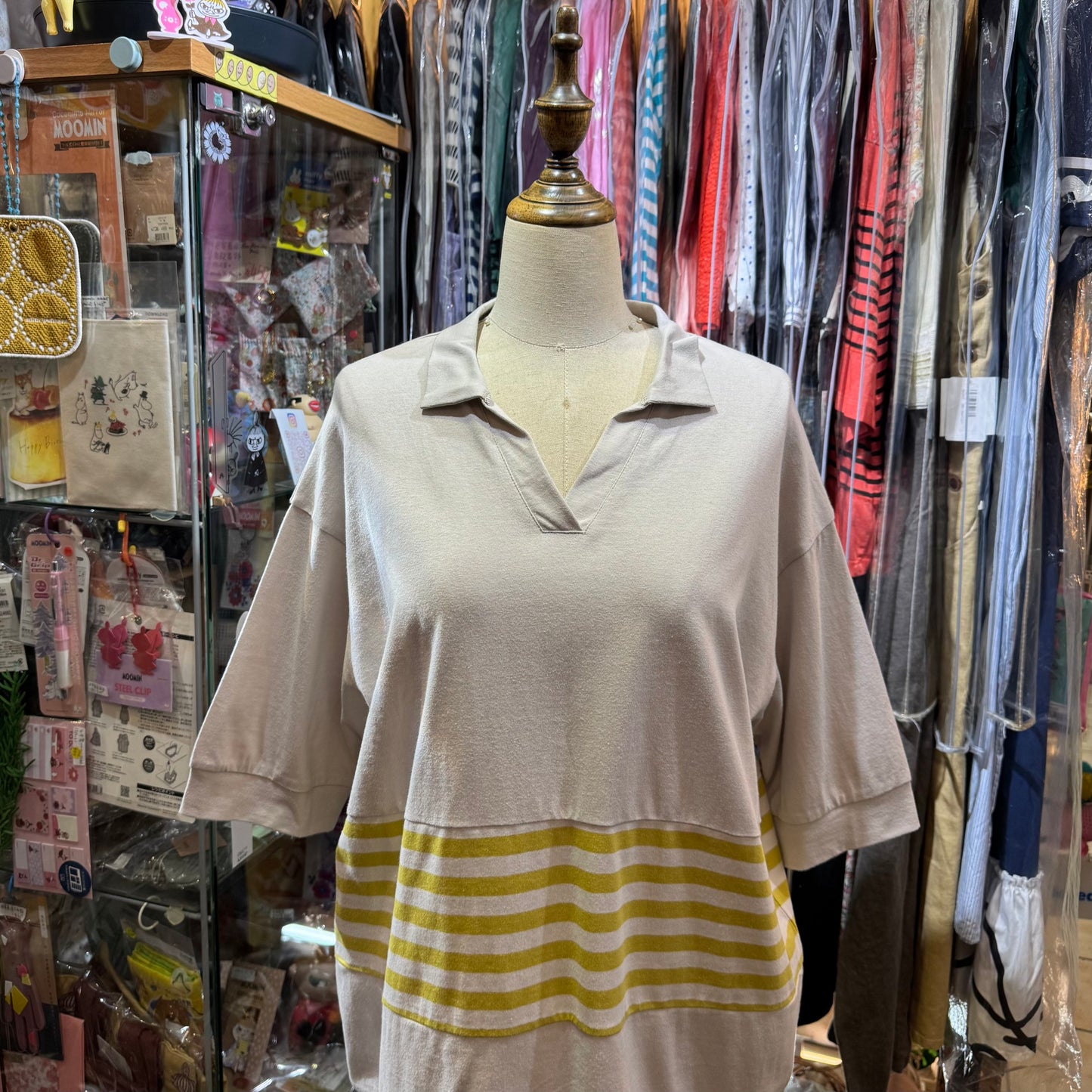 Laiterie Grey X Yellow Striped V-neck T-shirt, made in Japan