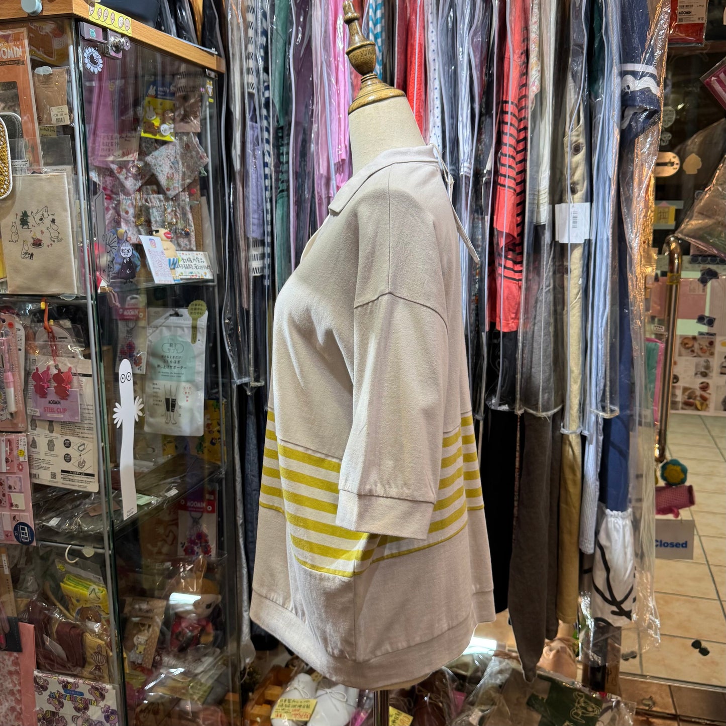 Laiterie Grey X Yellow Striped V-neck T-shirt, made in Japan
