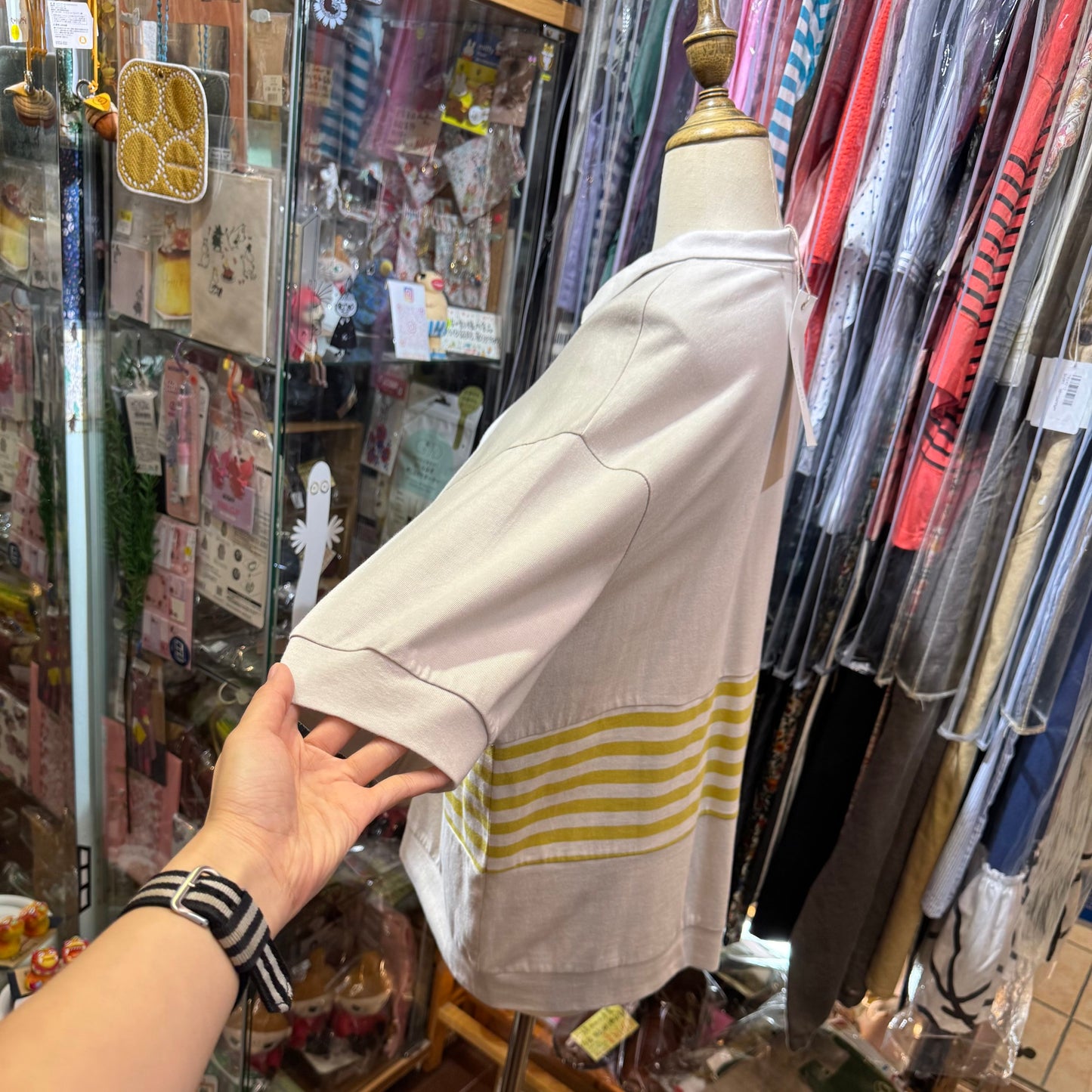 Laiterie Grey X Yellow Striped V-neck T-shirt, made in Japan