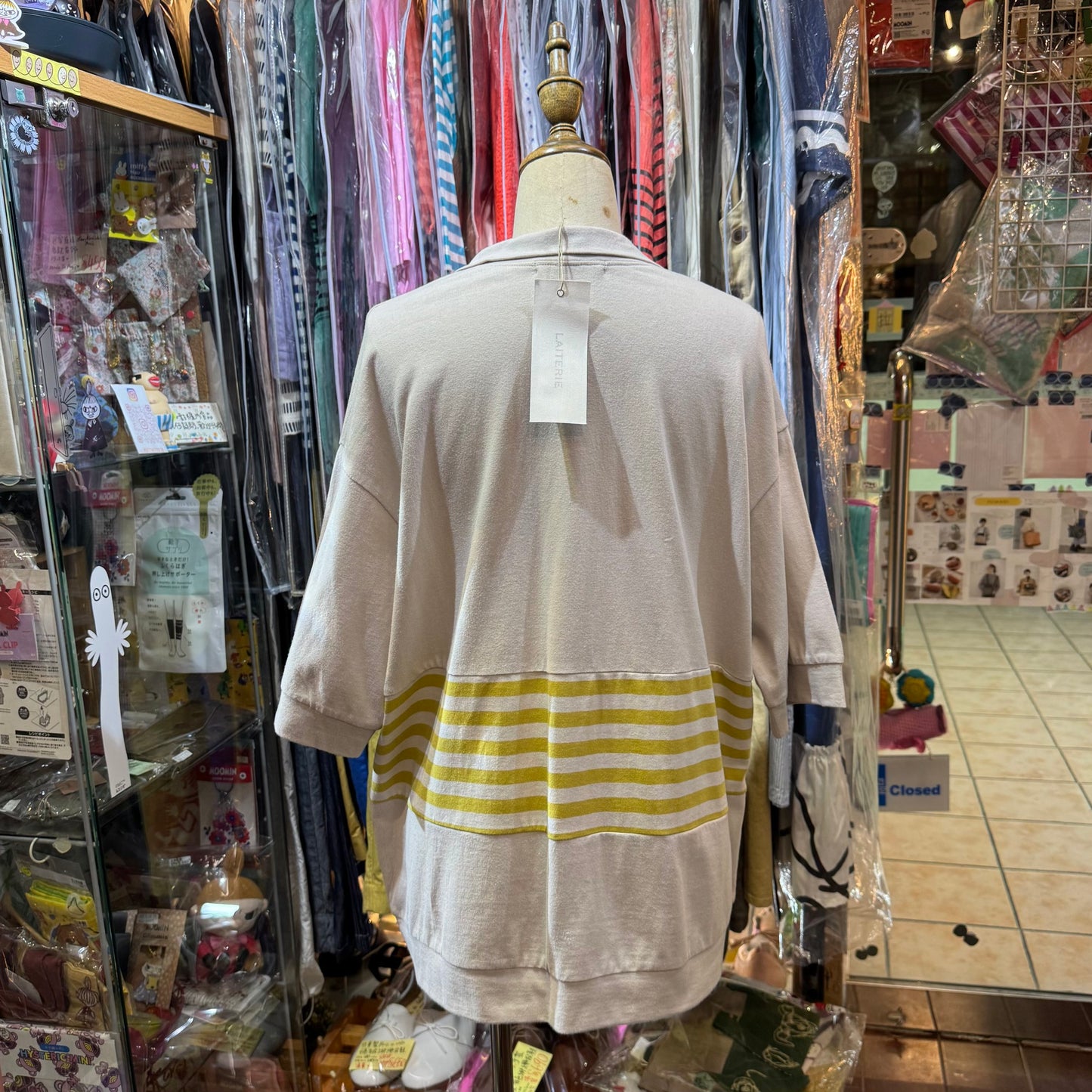 Laiterie Grey X Yellow Striped V-neck T-shirt, made in Japan