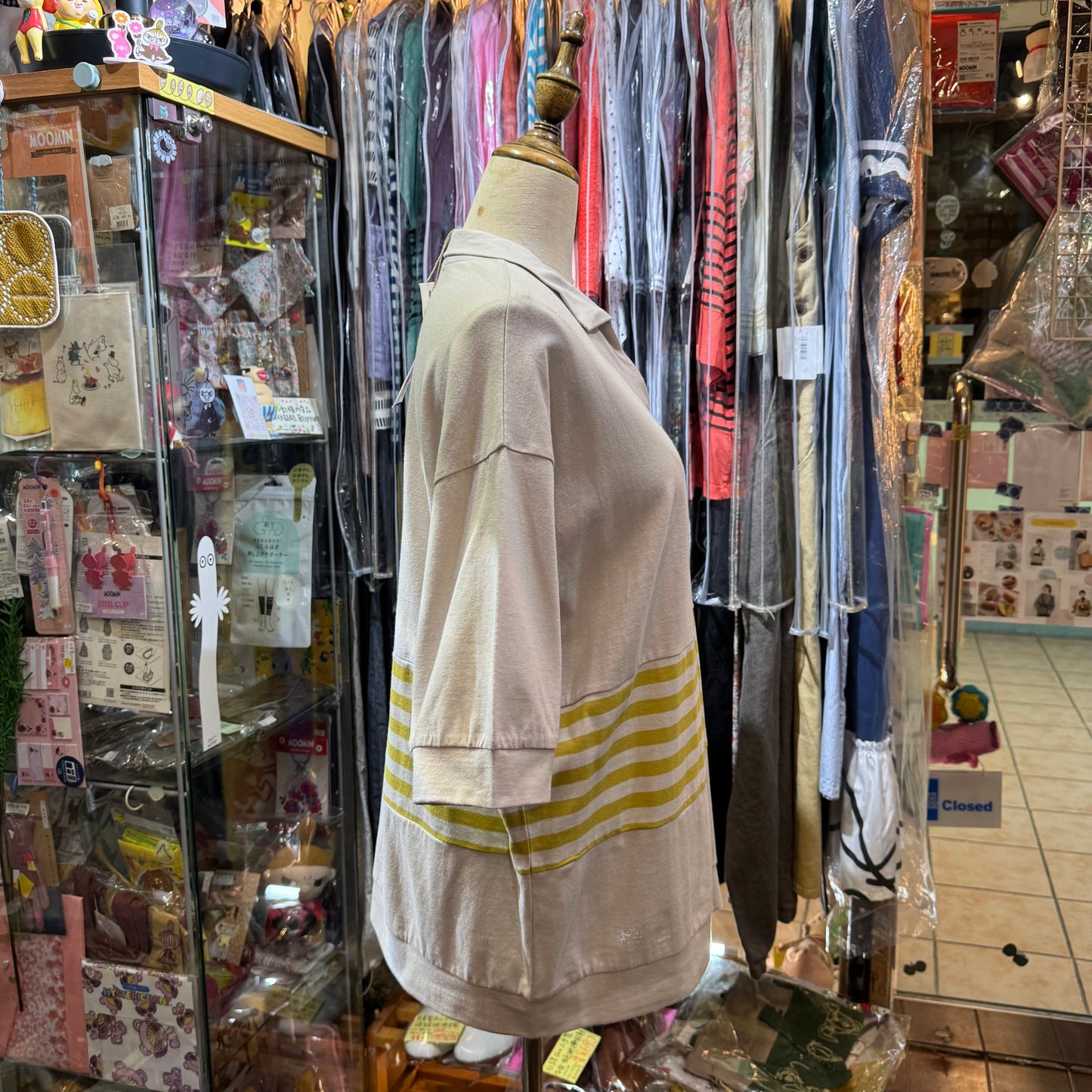 Laiterie Grey X Yellow Striped V-neck T-shirt, made in Japan