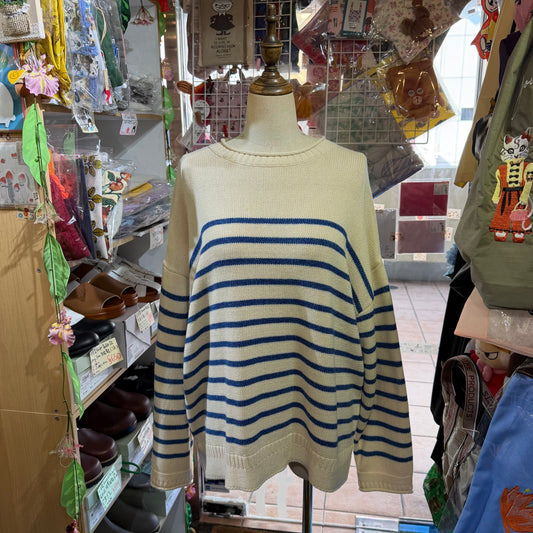 Tumugu Blue Cotton Border Pullover, Sweater