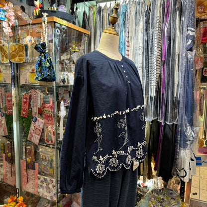EXTRA30- Haupia Navy Embroidery Top, made in Japan