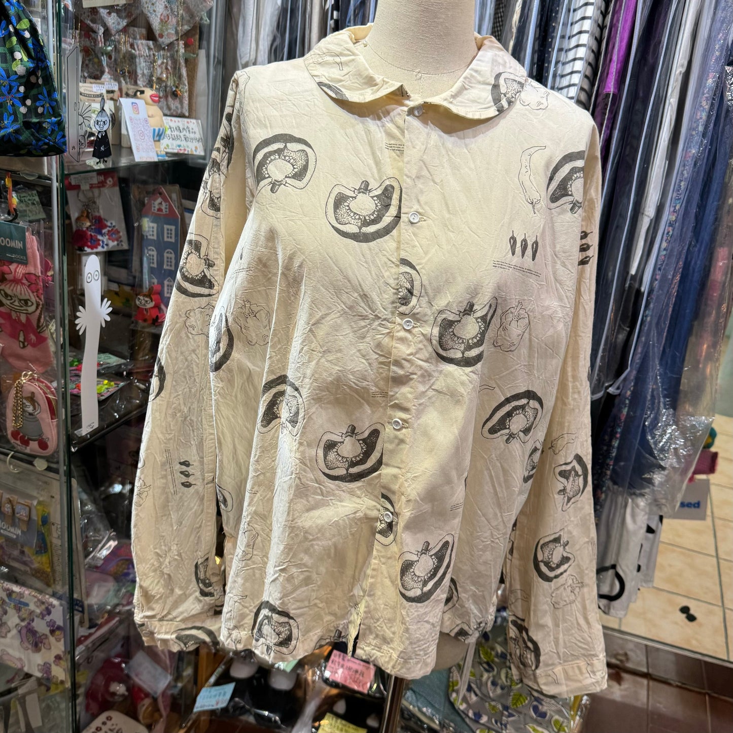 Veritecoeur Original Vegetable Prints Round Collar Ivory 2Way Shirt, made in Japan