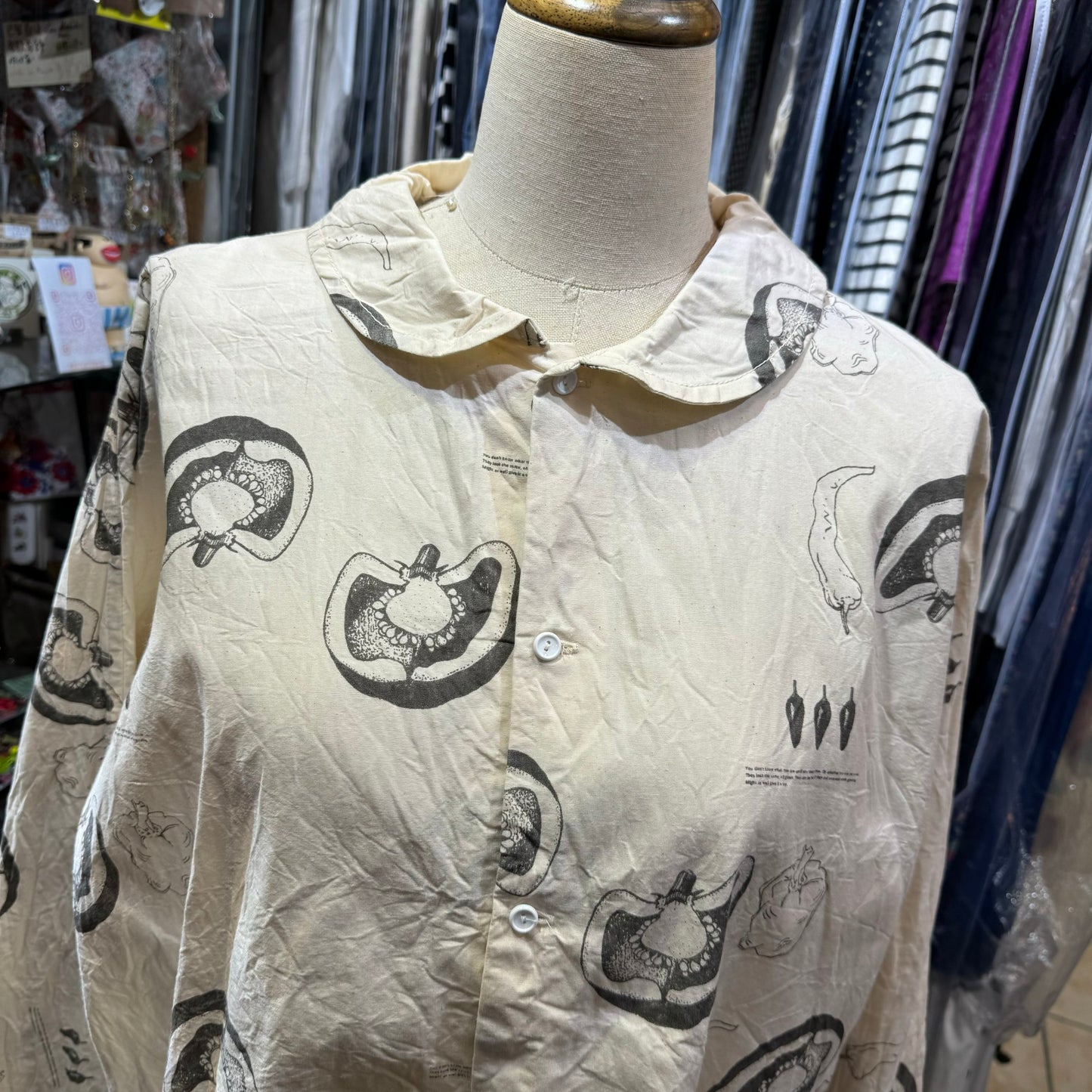 Veritecoeur Original Vegetable Prints Round Collar Ivory 2Way Shirt, made in Japan