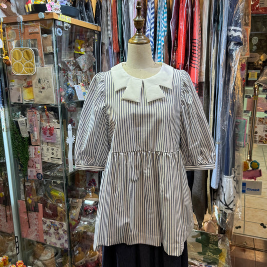 Drowse and yet... Ribbon Collar Striped White Top, made in Japan