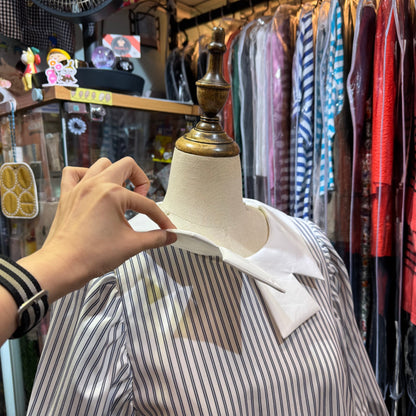 Drowse and yet... Ribbon Collar Striped White Top, made in Japan
