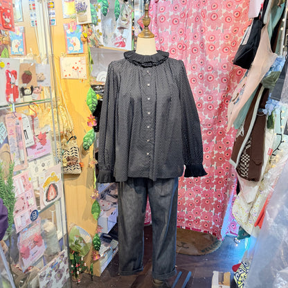 PONT DE CHALONS Black Polka Frill Collar Shirt