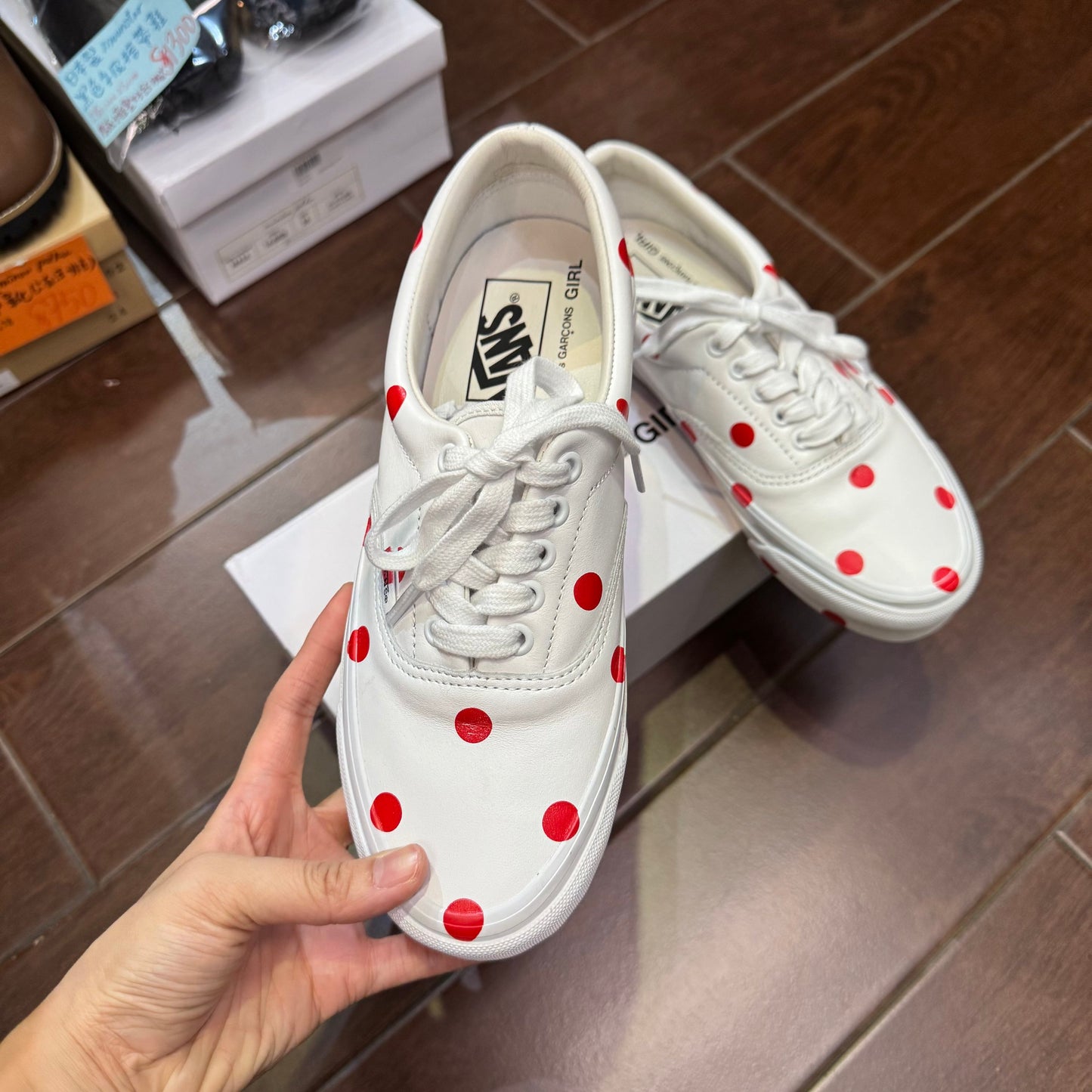 Comme des Garçons Girl X Vans Polka White Leather Sneakers, size JP24.5cm