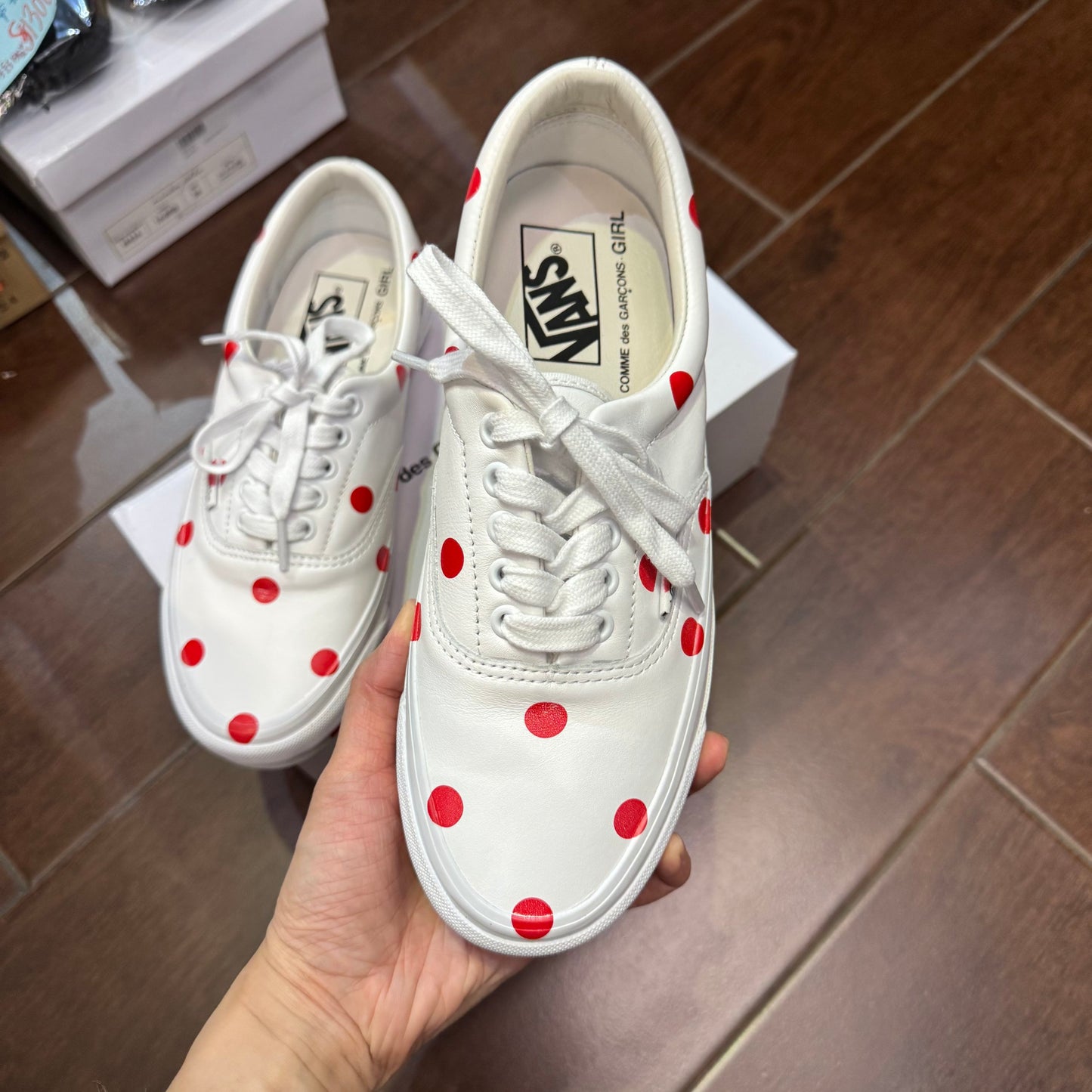 Comme des Garçons Girl X Vans Polka White Leather Sneakers, size JP24.5cm