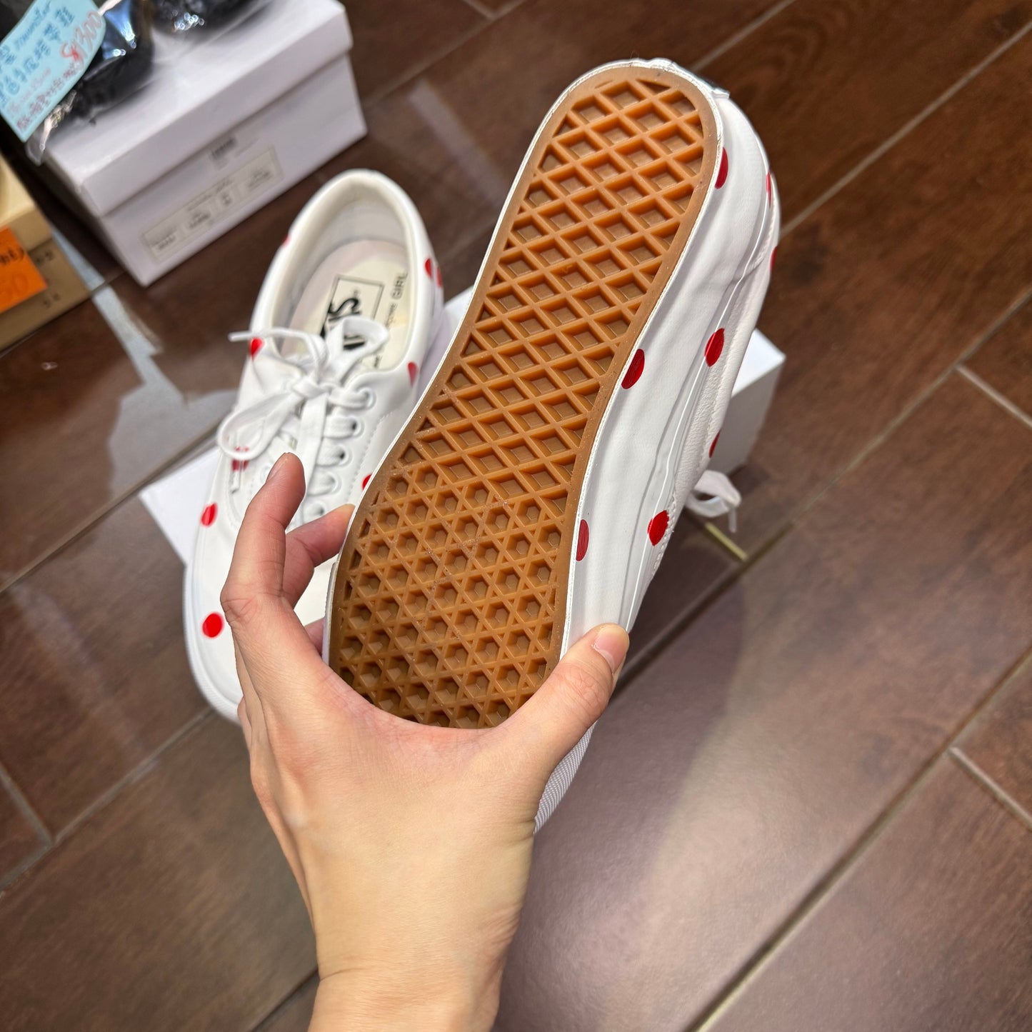 Comme des Garçons Girl X Vans Polka White Leather Sneakers, size JP24.5cm
