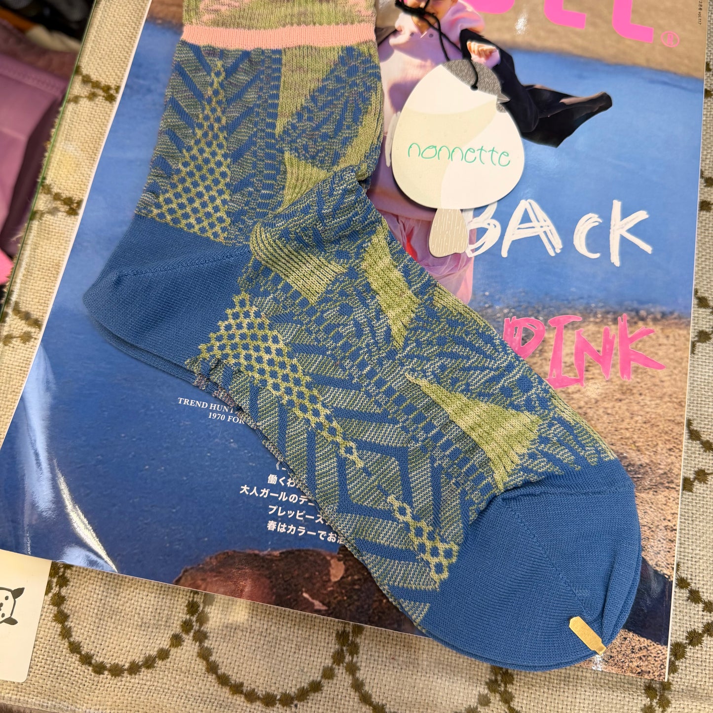 Nonnette Blue Square Gem Socks, made in Japan, #NS401Y-80