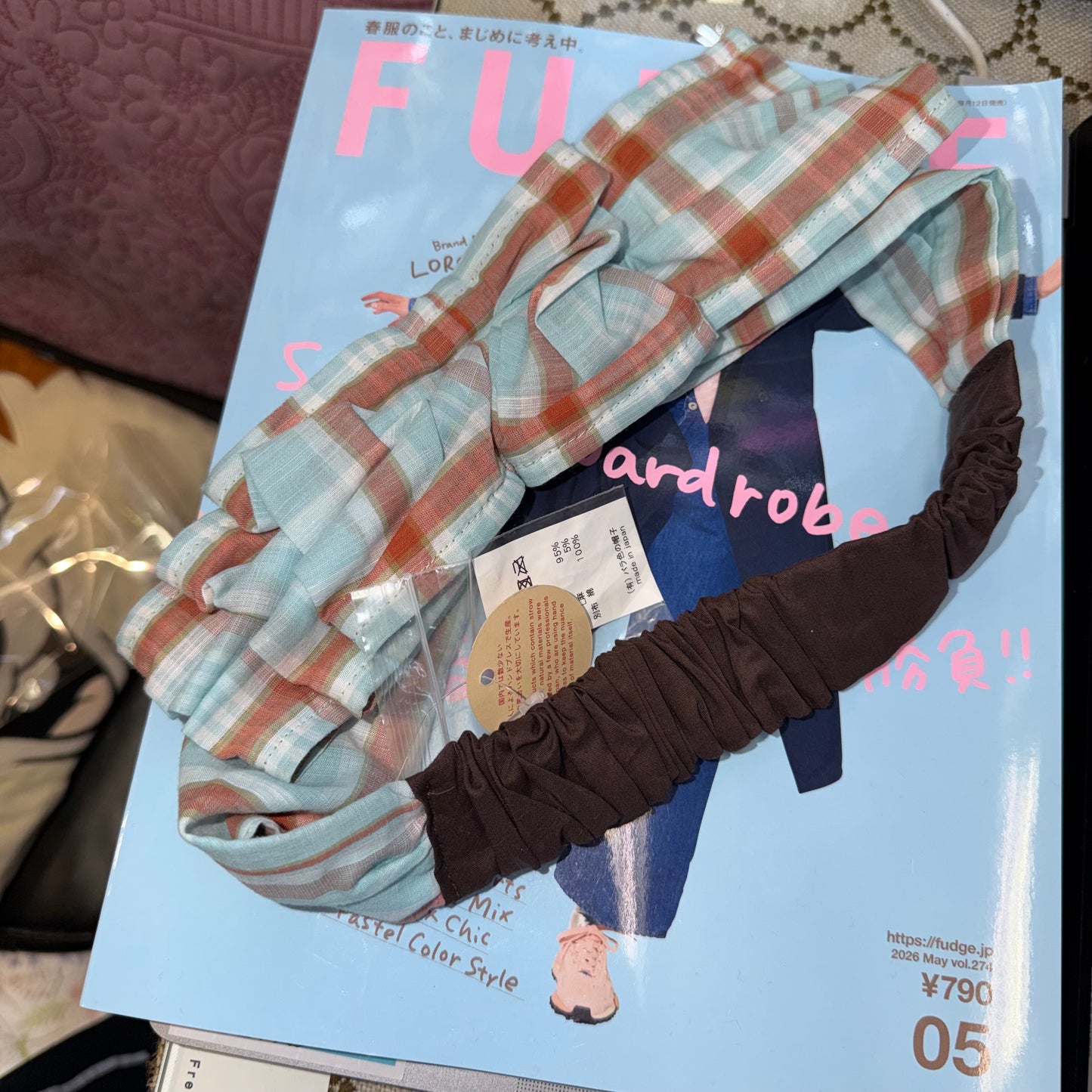 CA4LA Blue Checked Headband, made in Japan