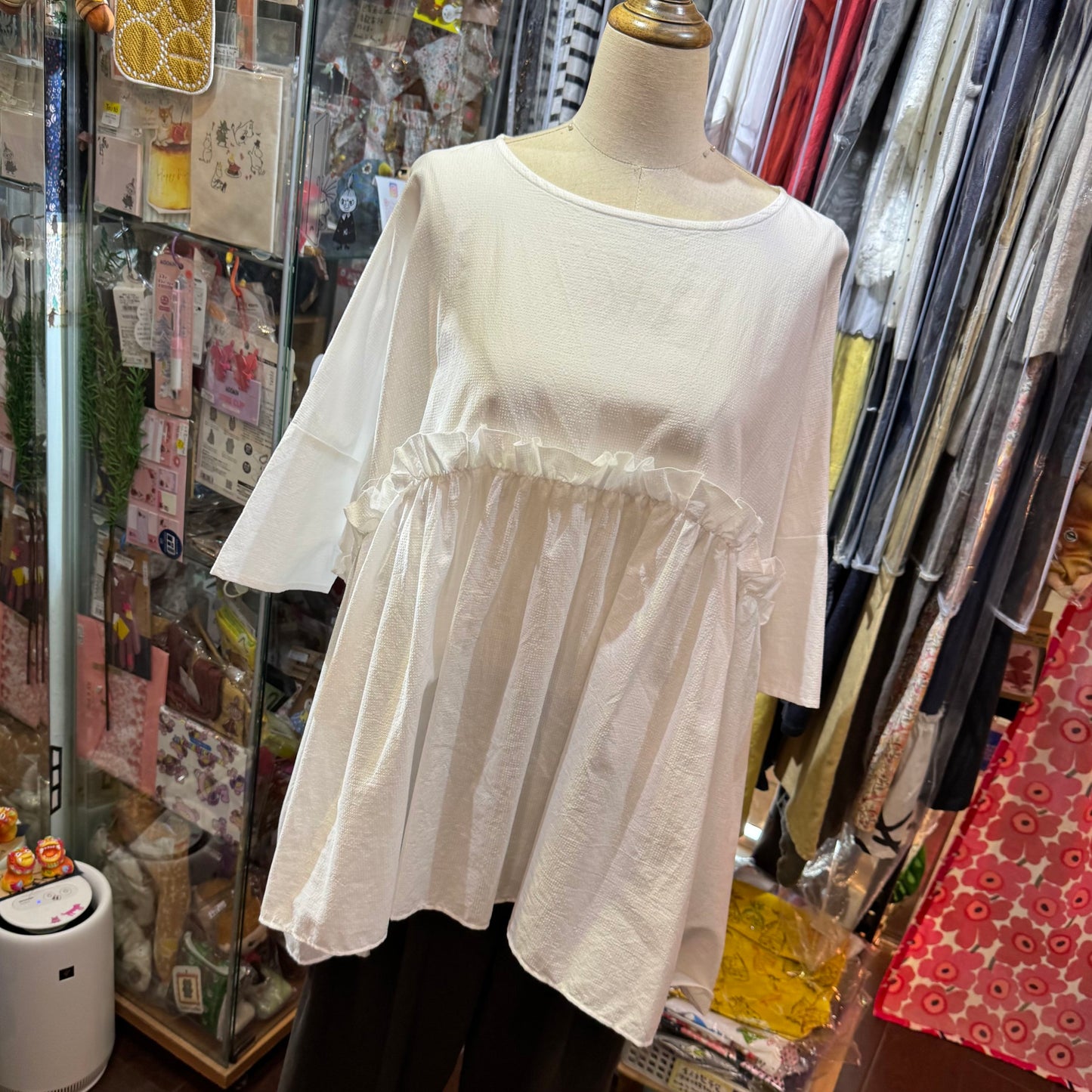 (g) Frill White Gather Tunic, made in Japan